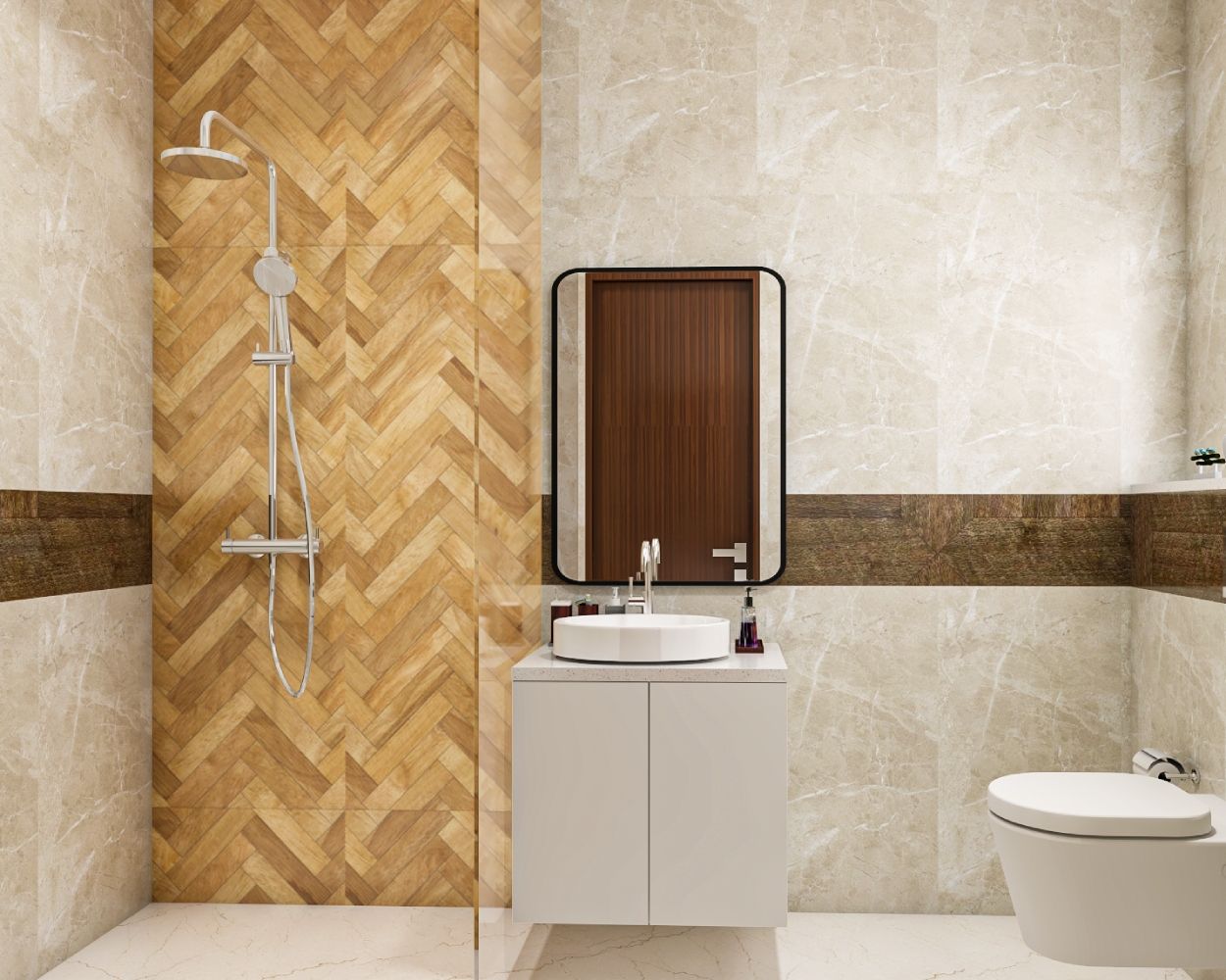 Contemporary Beige And Brown Bathroom Design With Curved Mirror