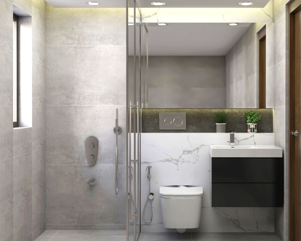 Modern Grey And White Bathroom Design With False Ceiling