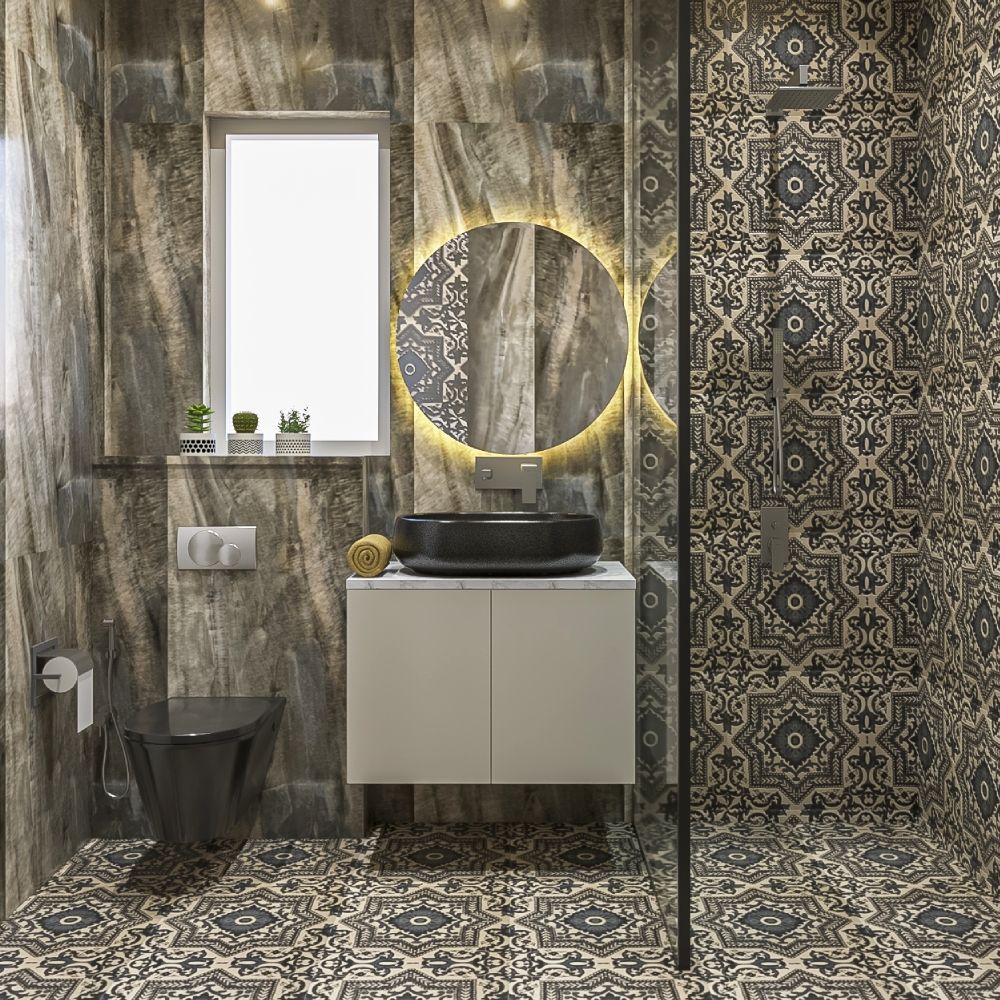 Contemporary Grey And Beige Small Bathroom Design With Circular Mirror