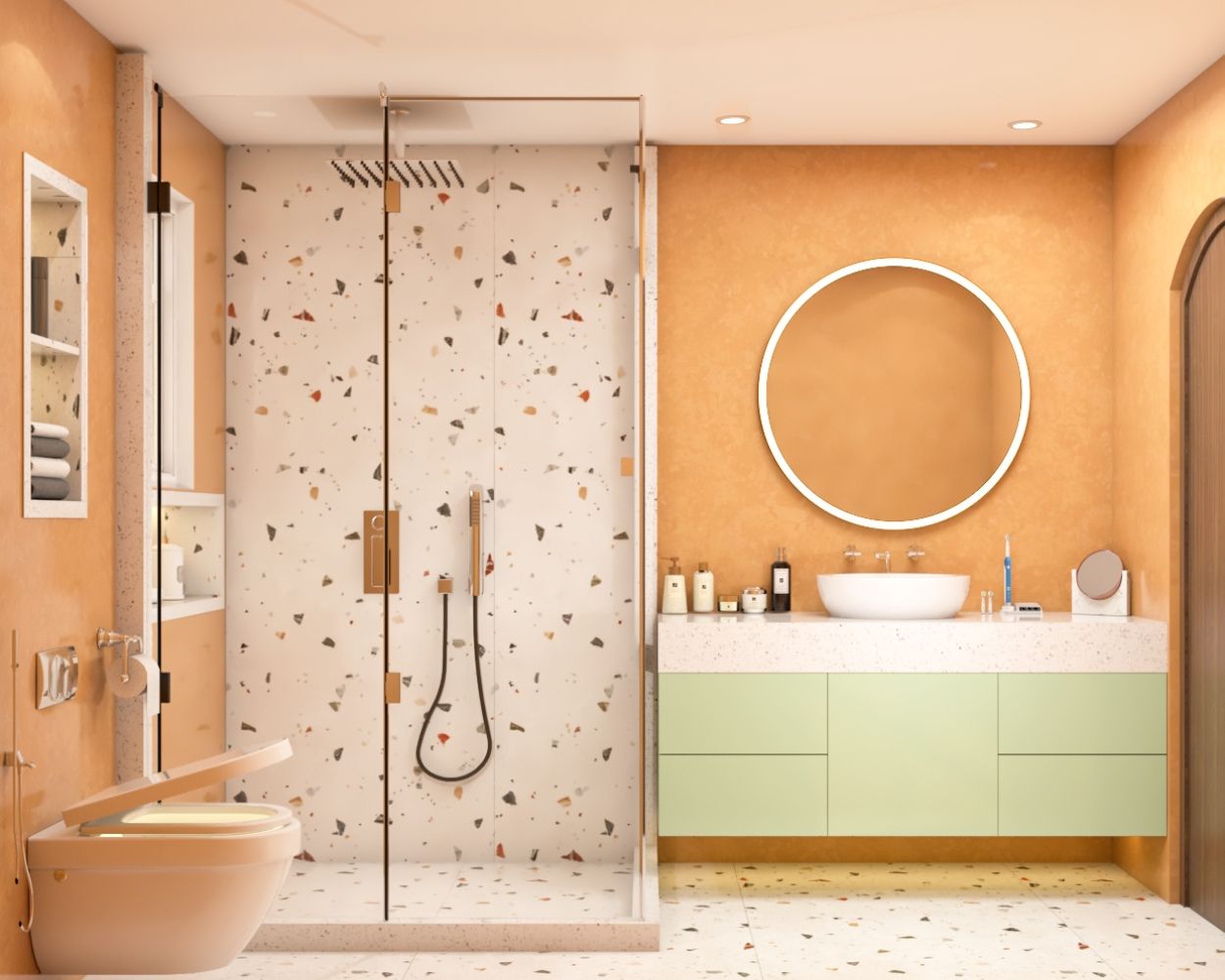 Contemporary Bathroom Design Idea With Peach And White Terrazzo Tiles
