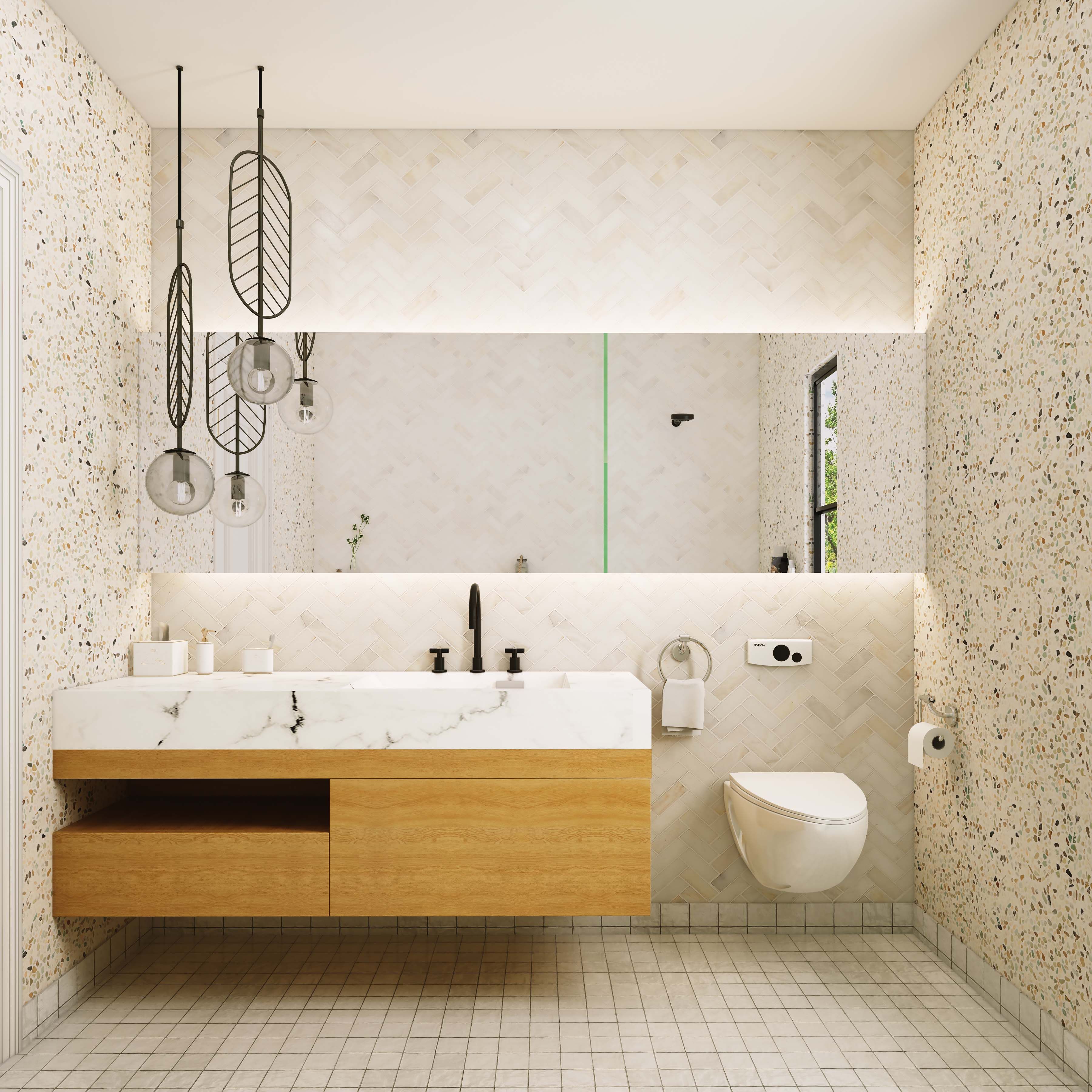 Contemporary Glossy Herringbone And Terrazzo Bathroom Tile Design