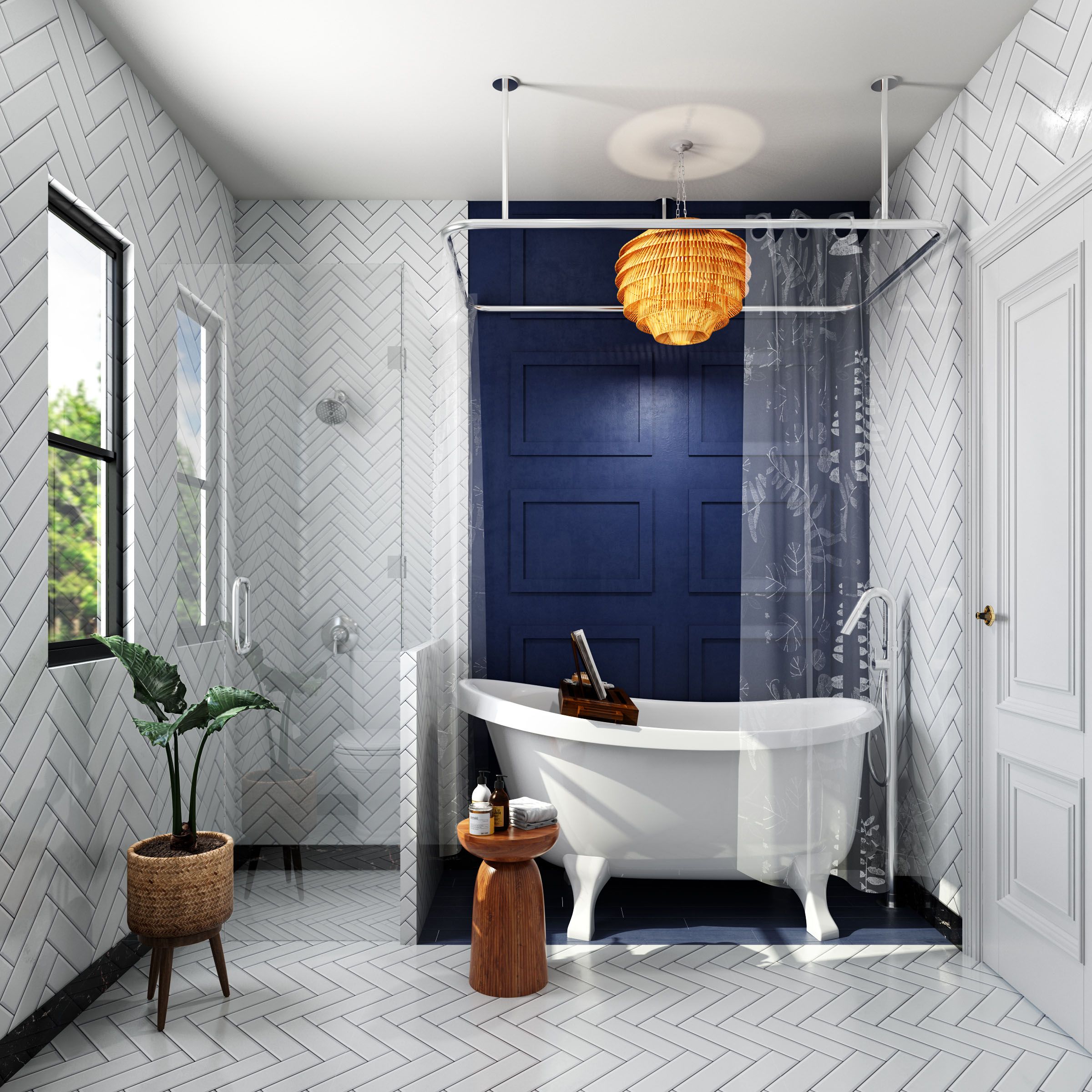 Ceramic White Bathroom Tile Design In Glossy Finish And Herringbone Pattern