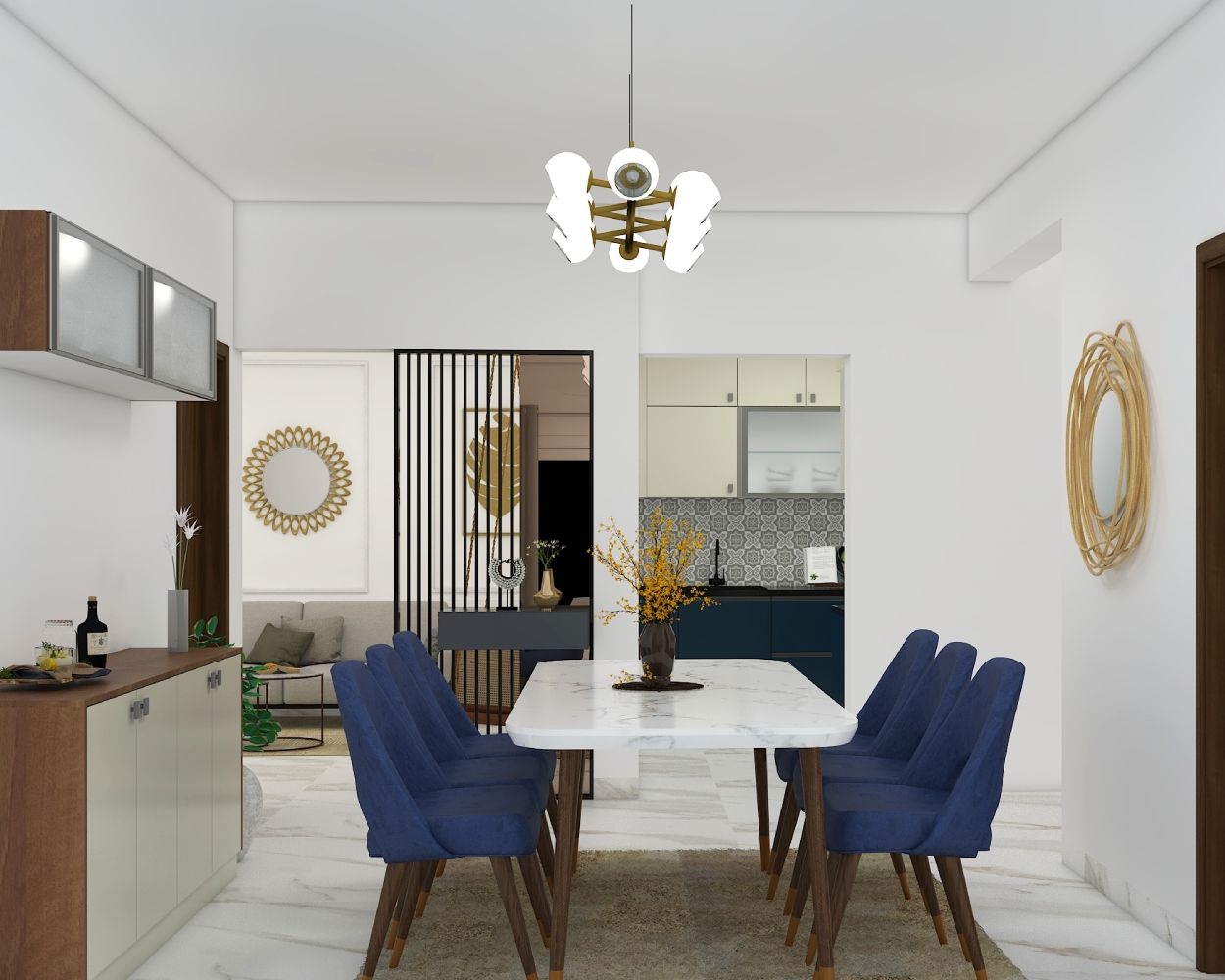 Contemporary 6-Seater Dining Room Design With Blue Chairs