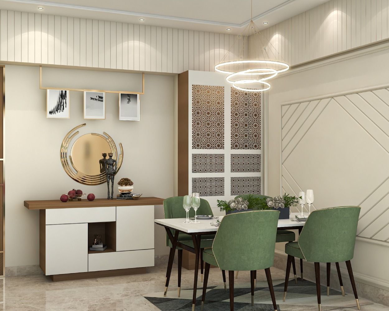 Contemporary Dining Room Design With A 4-Seater Table And Green Chairs