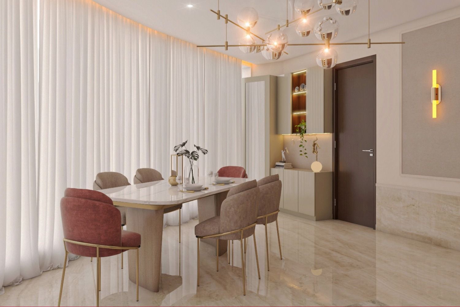 Contemporary Dining Room Design With Red And Beige Upholstered Chairs