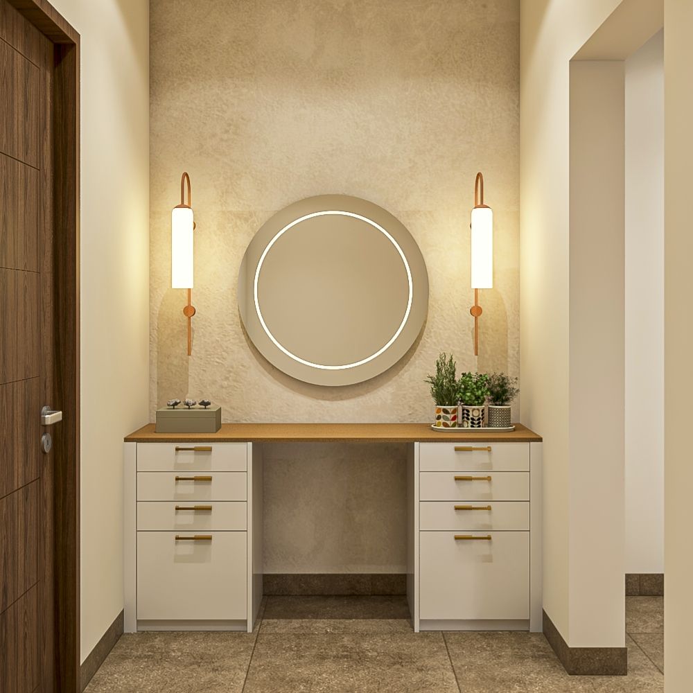 Contemporary Foyer Design With Frosty White Storage Unit And Beige Wallpaper