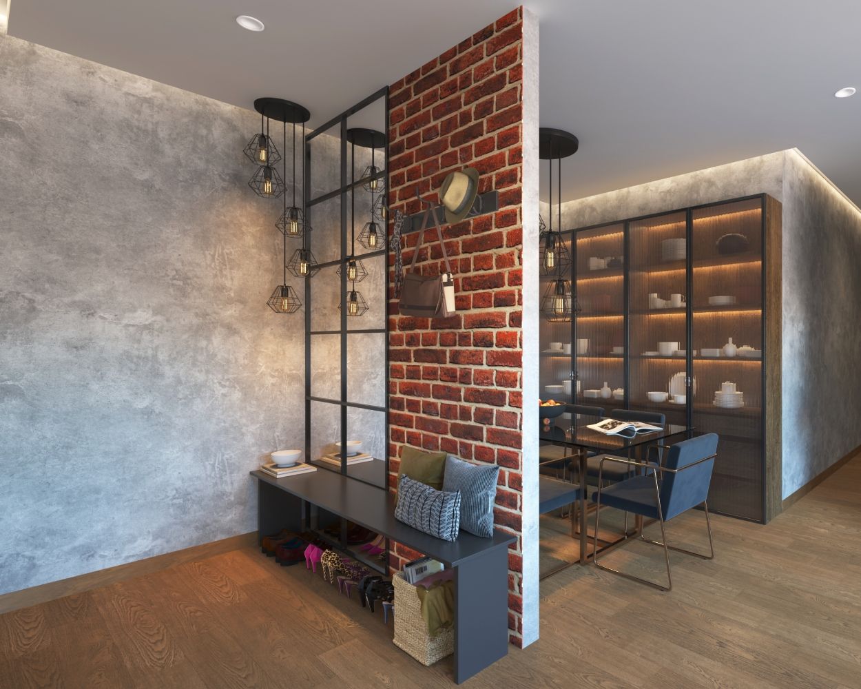 Industrial Foyer Design With Brick Wallpaper And Black Pendant Lights