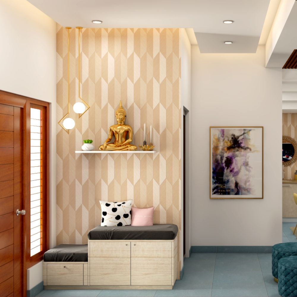 Modern Foyer Design With Geometric Beige Wallpaper