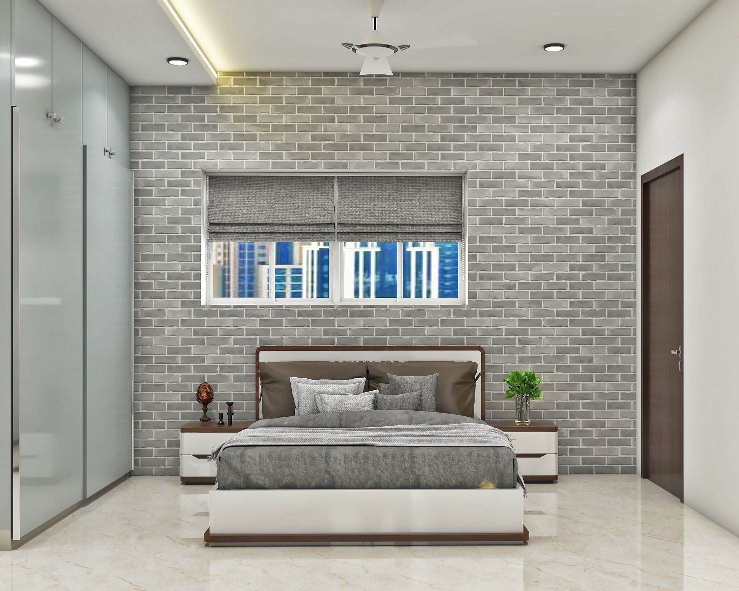Contemporary Grey Guest Bedroom Design With Brick Wallpaper