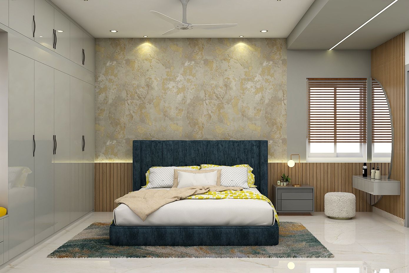 Contemporary Guest Room Design With Gold And Grey Accent Wall