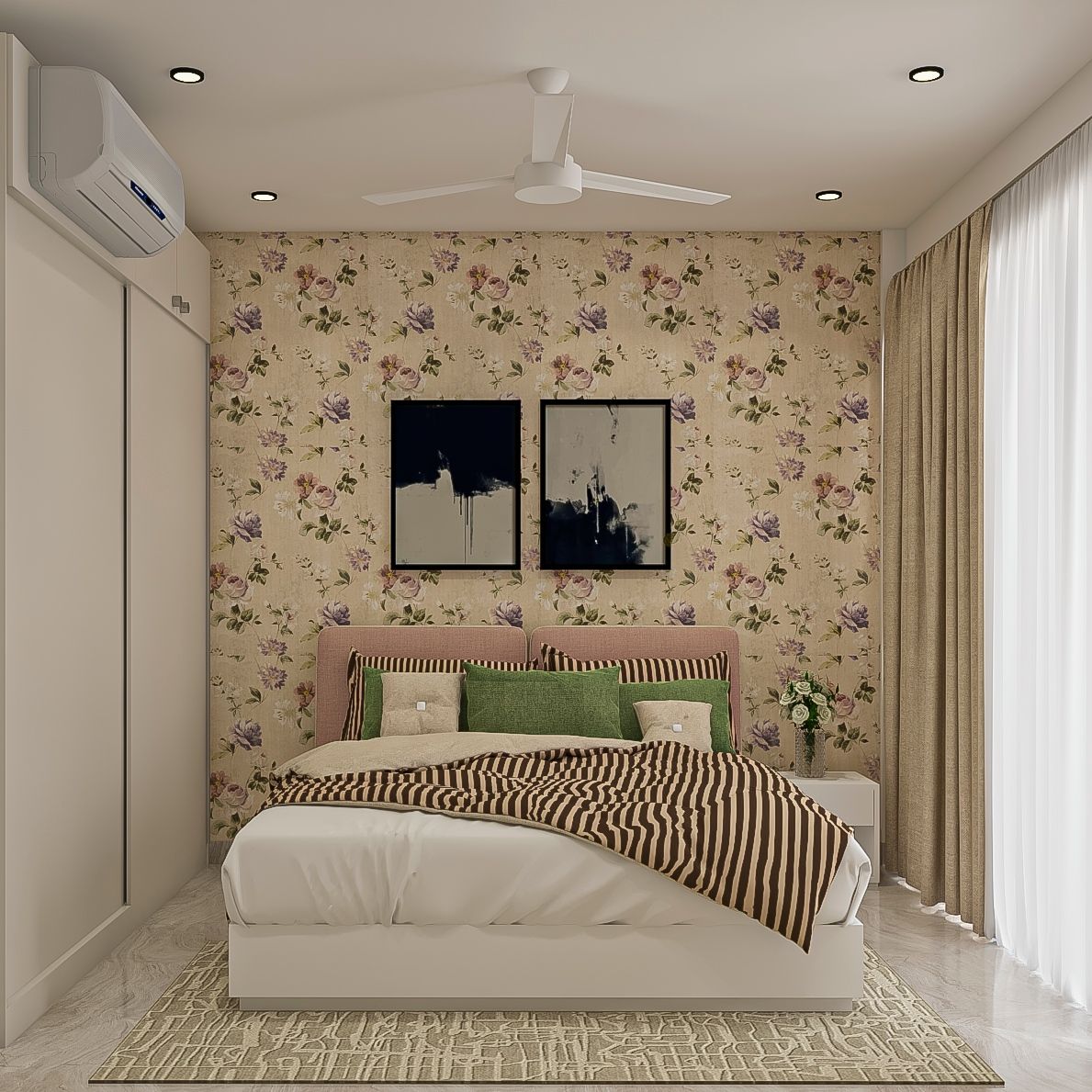 Contemporary Guest Room Design With Beige Floral Wallpaper