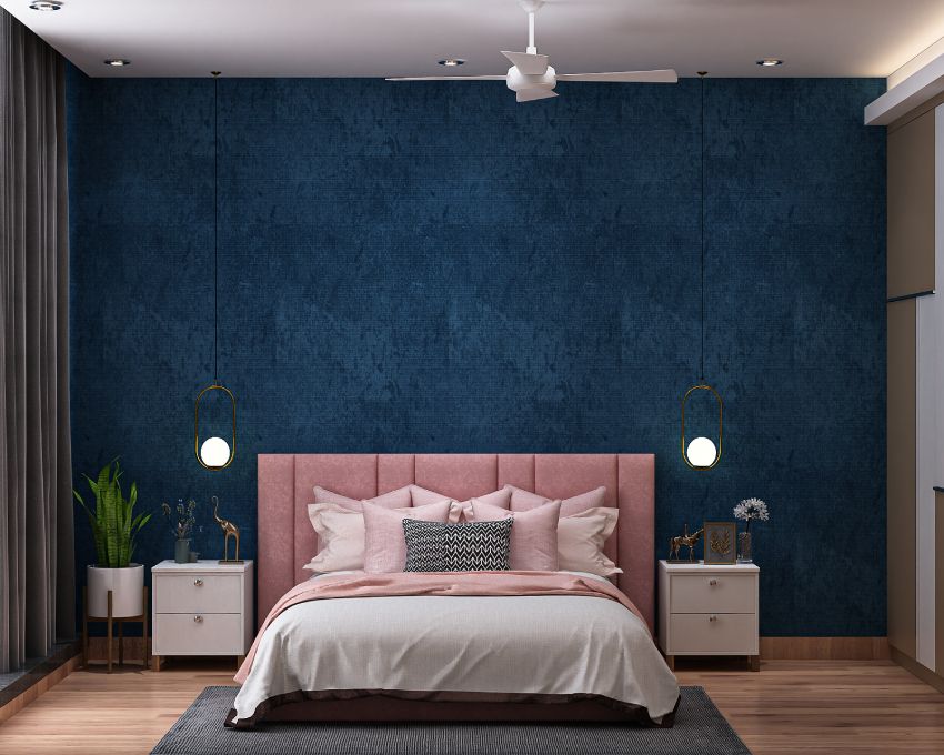 Contemporary Guest Room Design With Dark Blue Accent Wall And Pink Headboard