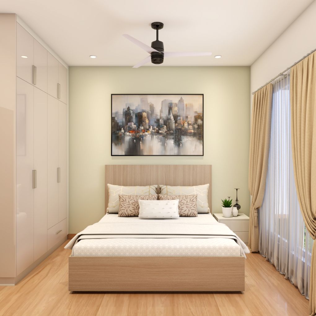 Modern Guest Room Design With Glossy Beige Wardrobe