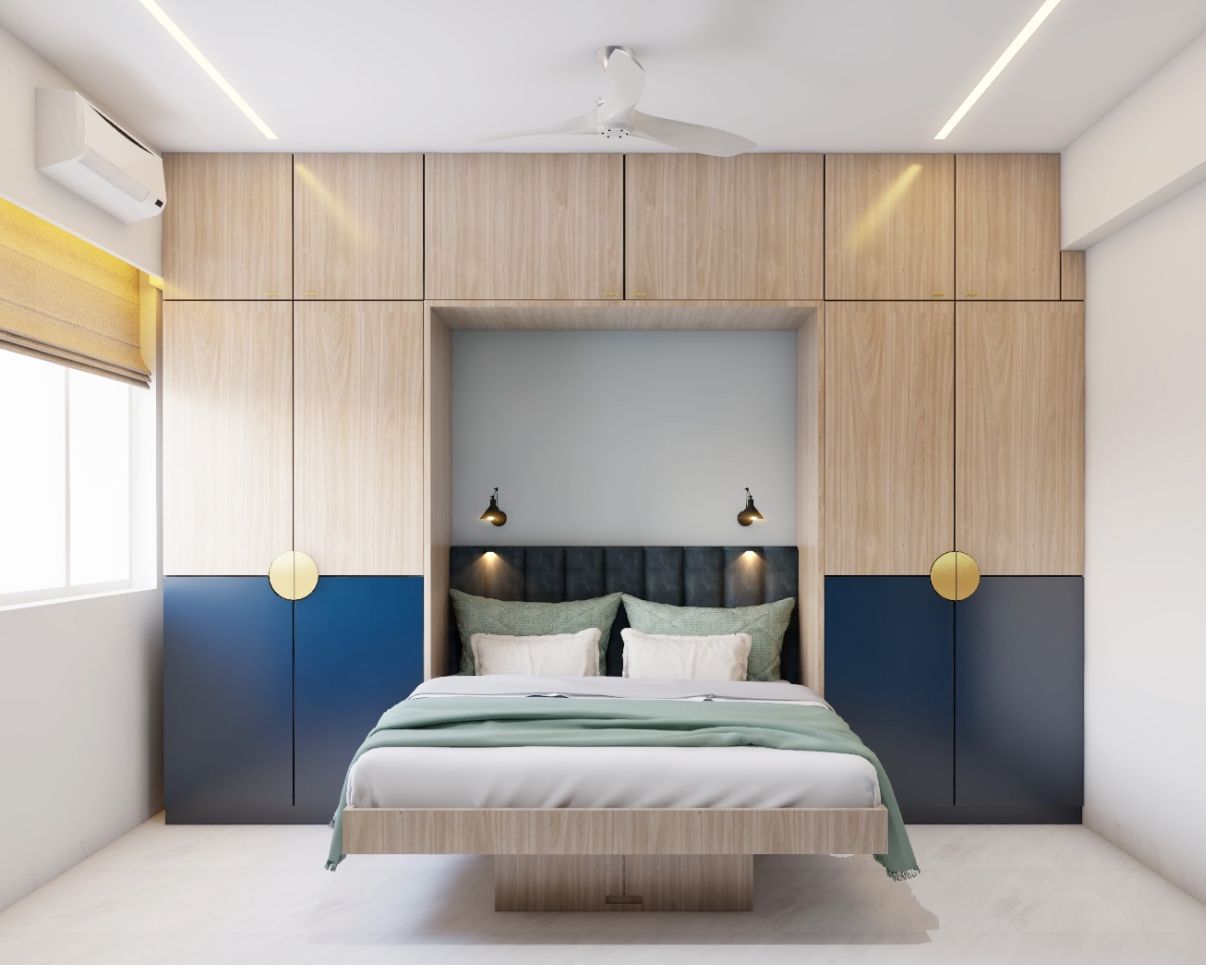 Contemporary Guest Room Design With Beige And Blue Wardrobe With Cantilever Bed