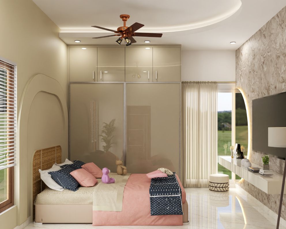 Single-Layered Modern Bedroom False Ceiling Design With Spotlights