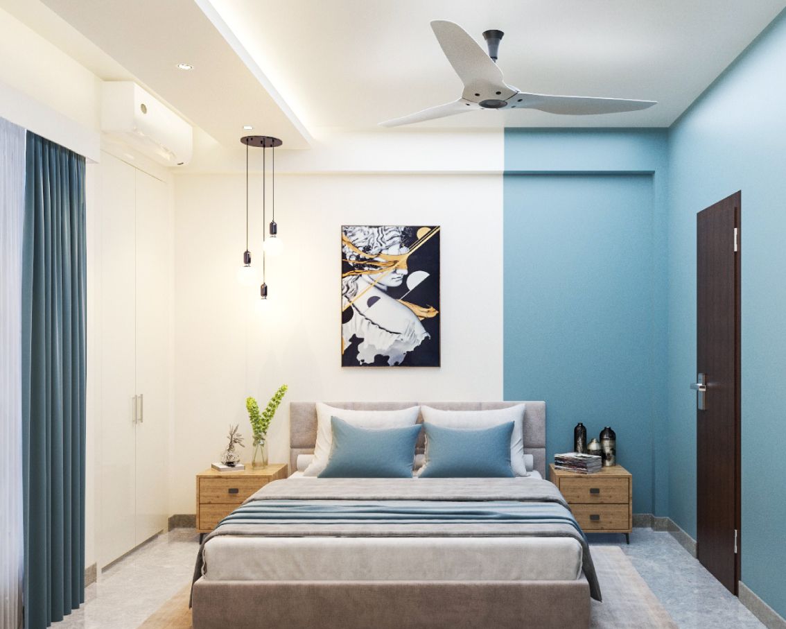 Modern Blue And White Guest Room Design With False Ceiling