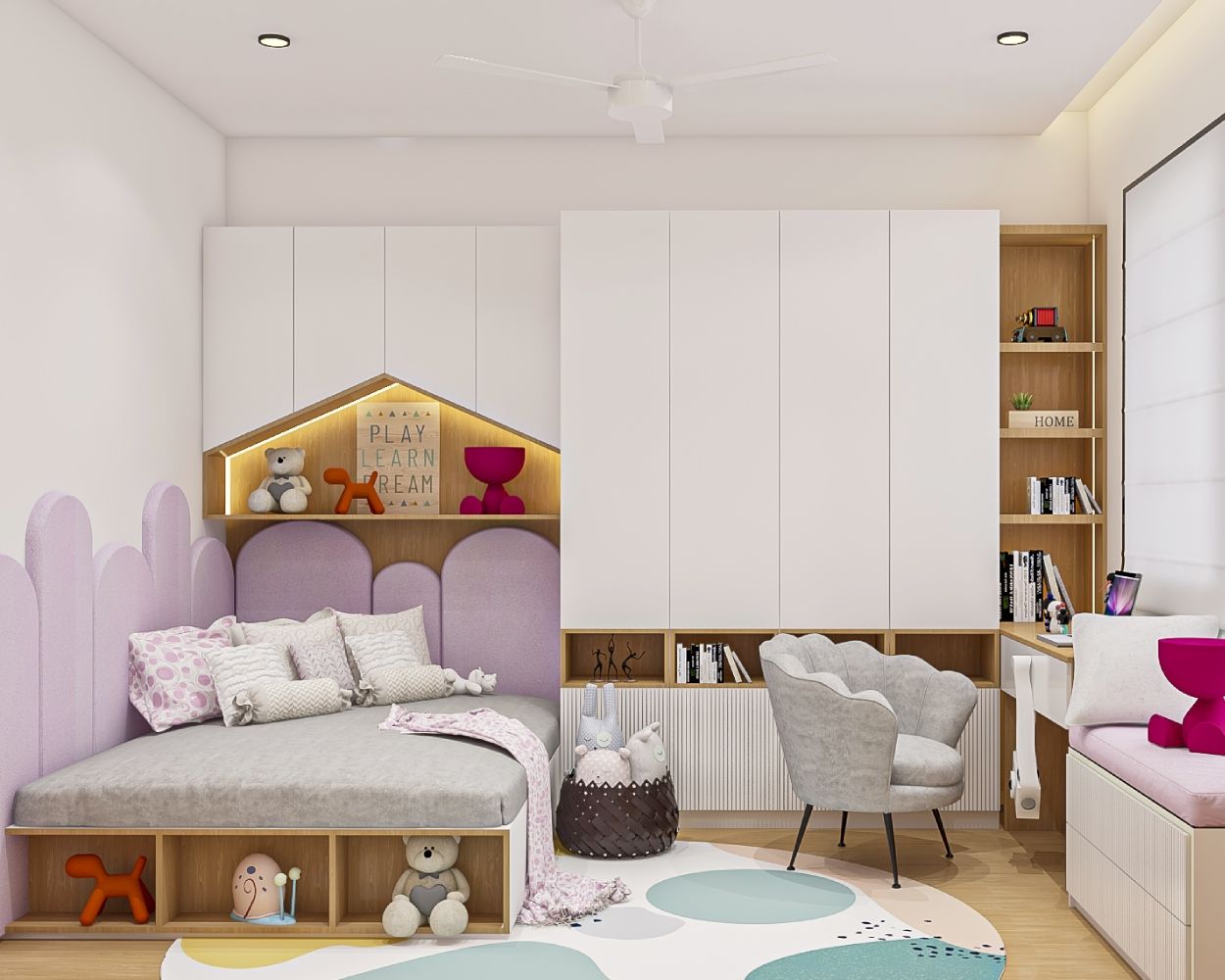 Contemporary Kids Room Design For Girls With A Wooden Bed And A Study Unit