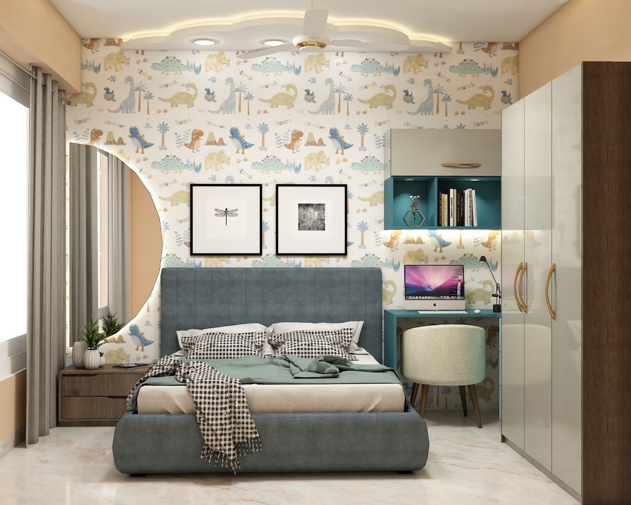 Modern Boys Room Design With A Bluish-Grey Upholstered Bed