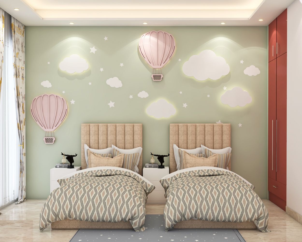 Modern Kids Room Design With Twin Beds And Beige Headboards
