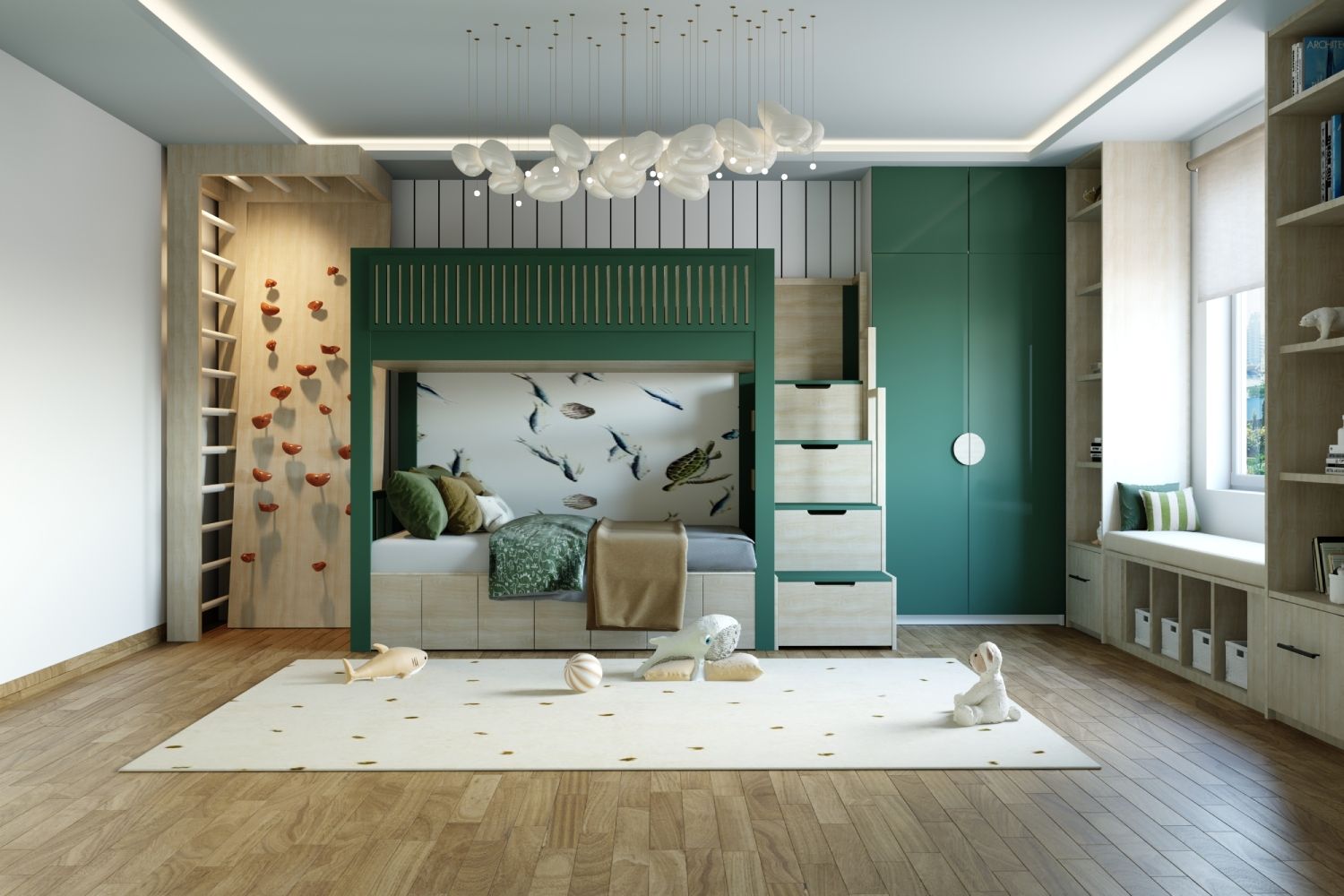 Contemporary Kids Room Design With A Bunk Bed With Built-In Storage