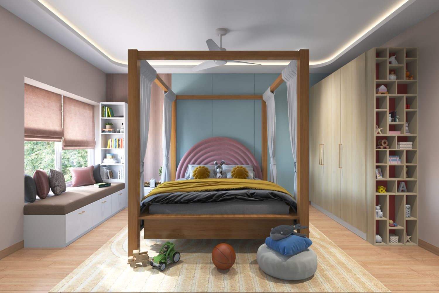 Contemporary Kids Room Design With A Brown Wooden Double Bed