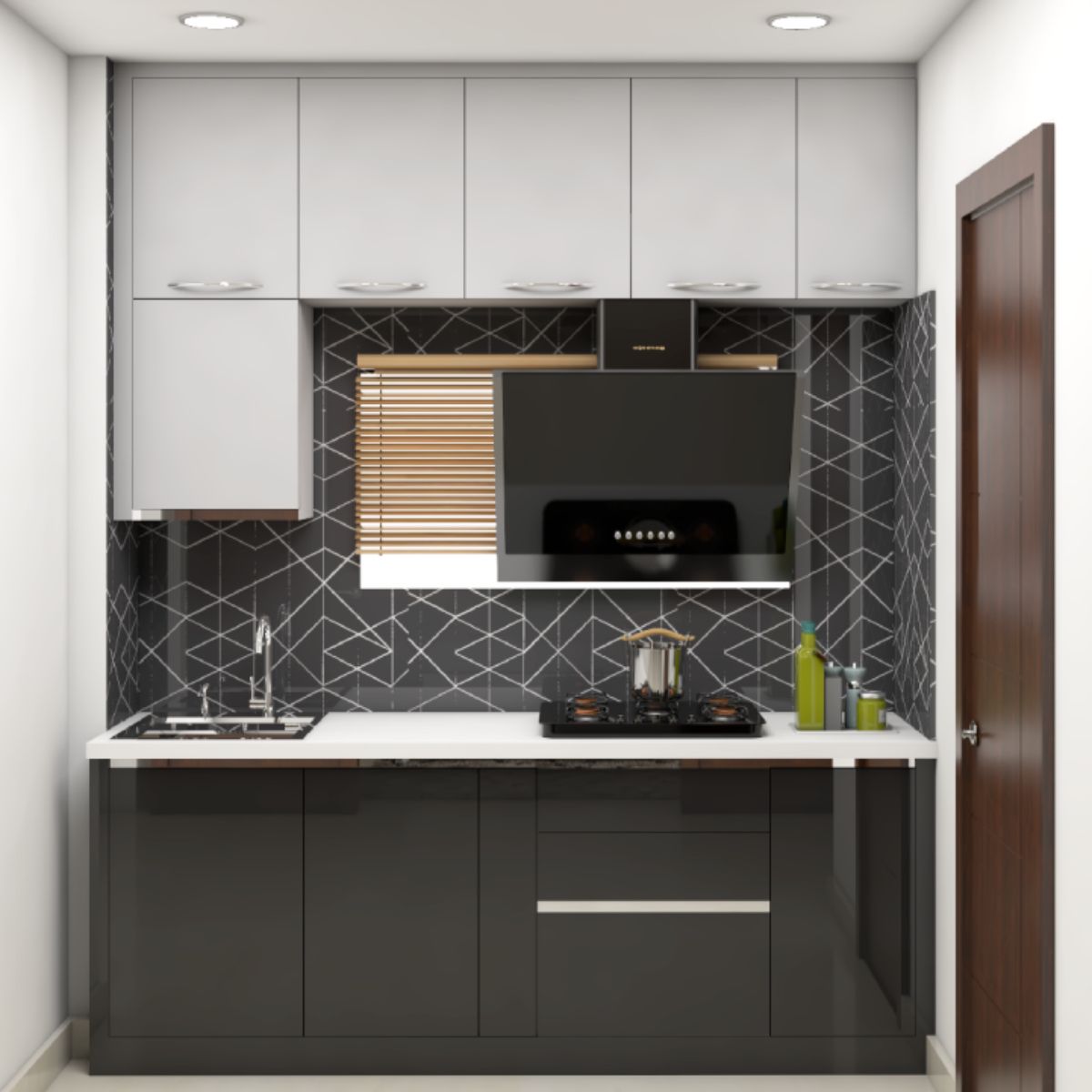 Modern Straight Kitchen Design With Patterned Dado Tiles