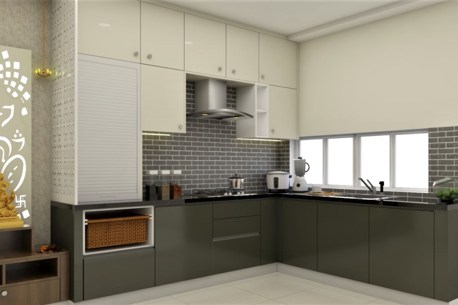 Contemporary L-Shaped Kitchen Design With Spacious Cabinets And A Wicker Basket