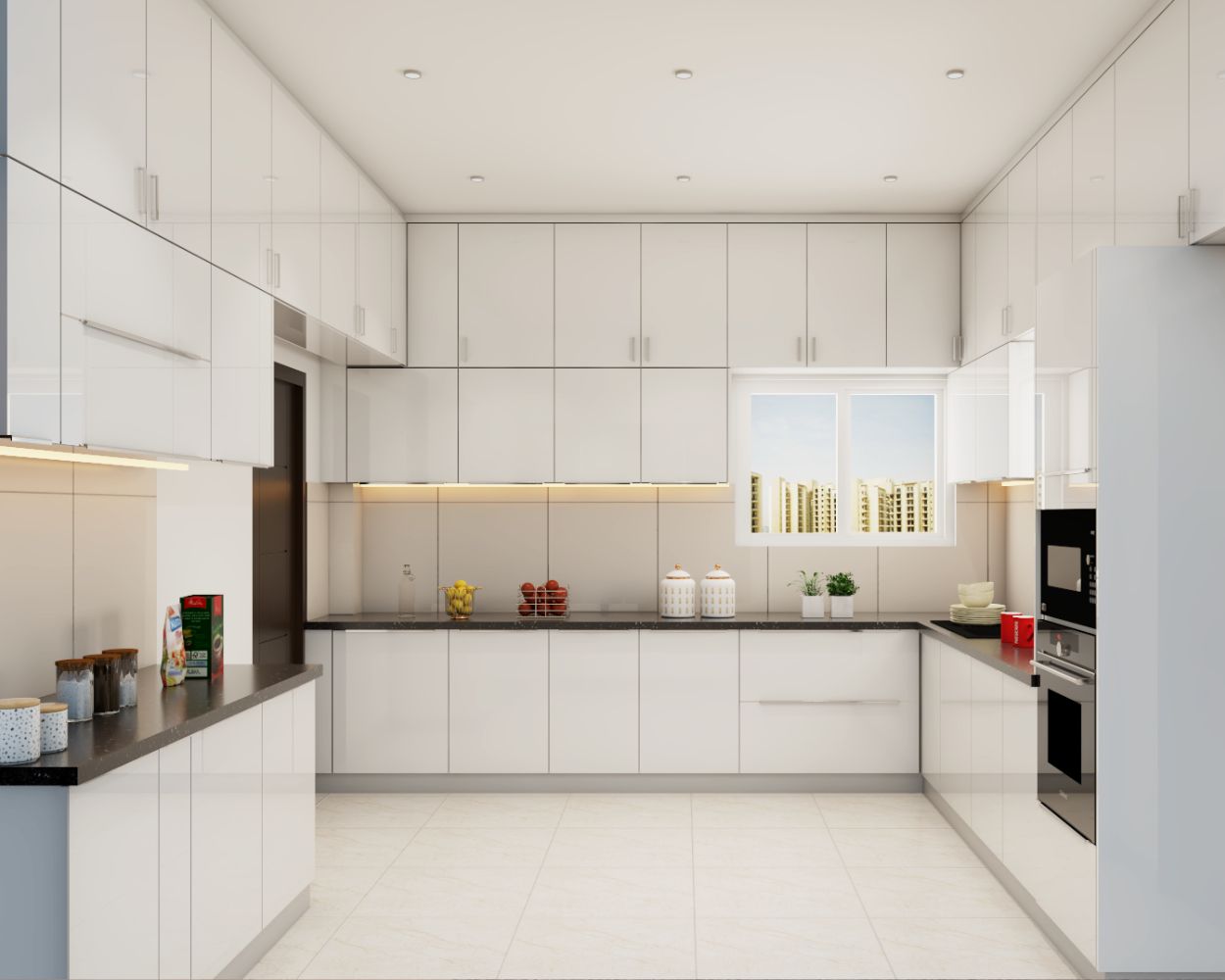 Contemporary Kitchen Design With Glossy White Storage Cabinets
