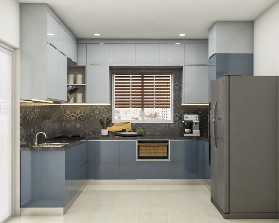 Modern U-Shaped Kitchen Design With Hexagon-Patterned Black Dado Tiles