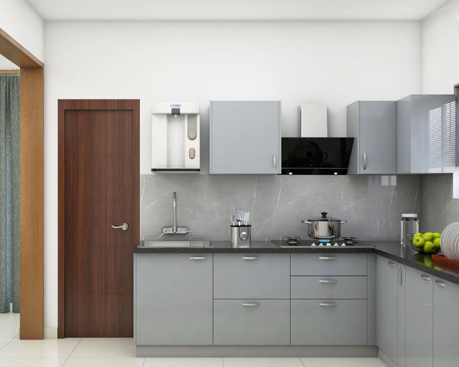 Modern L-Shaped Kitchen Design With Grey Storage Cabinets