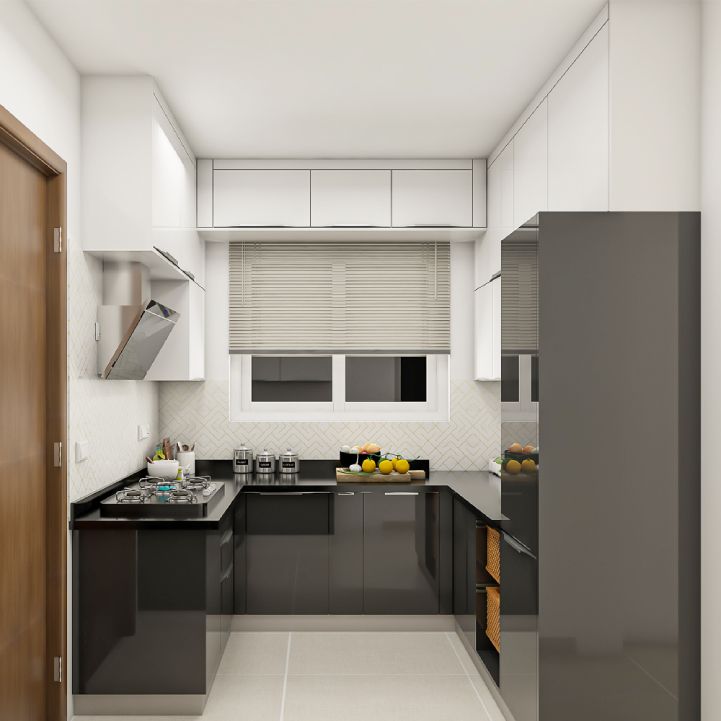 Modern U-Shaped Kitchen Design With Frosty White Wall Units
