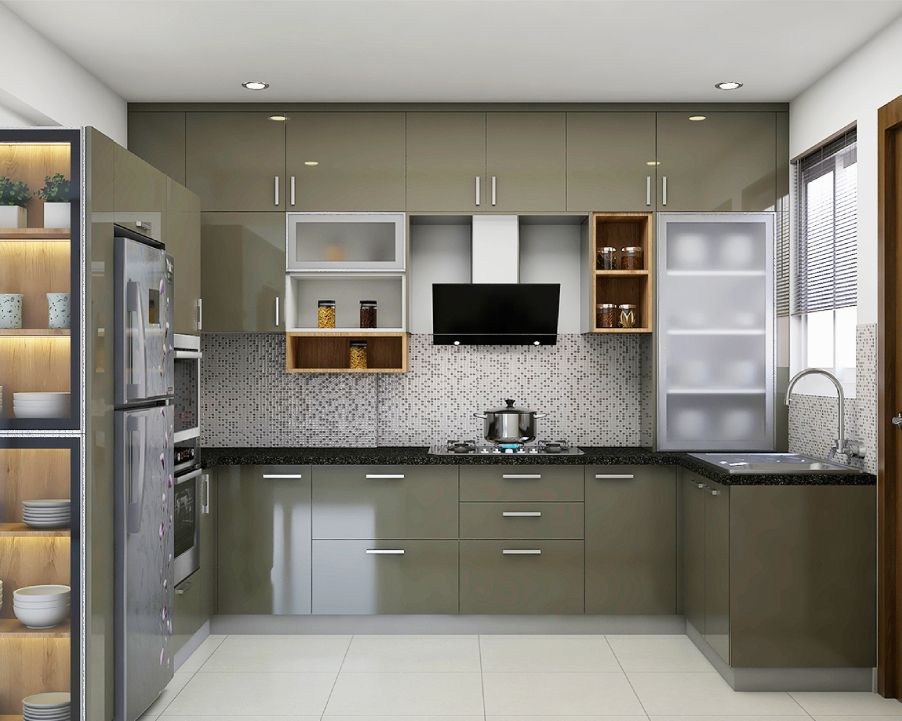 Modern U-Shaped Kitchen Design With Tall Storage Units