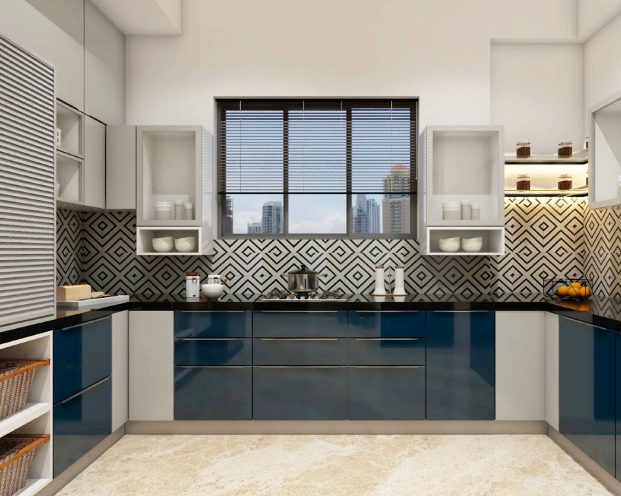 Modern U-Shaped Kitchen Design With Blue And Grey Cabinets