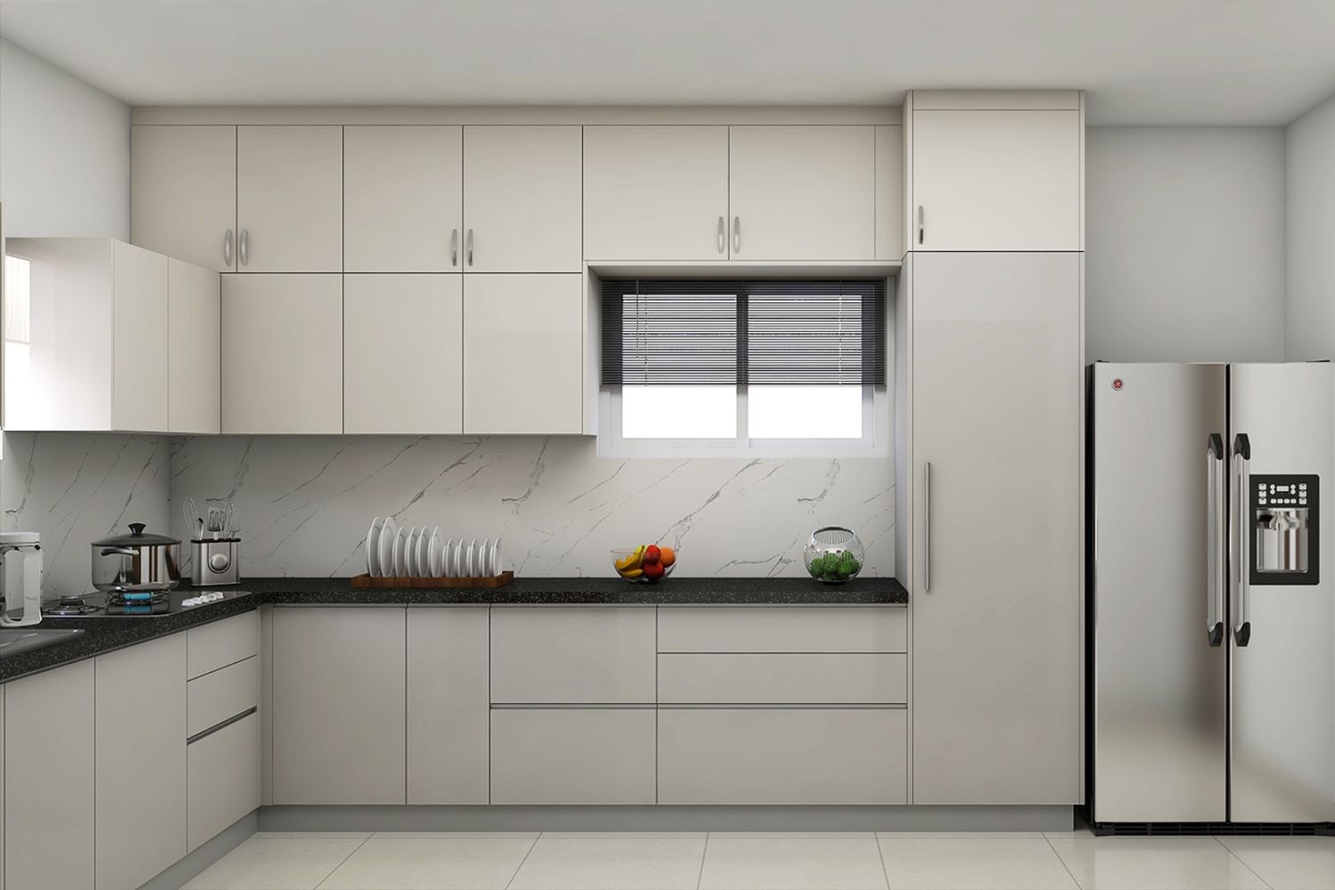 Modern L-Shaped Kitchen Design With Drawer And Loft Storage