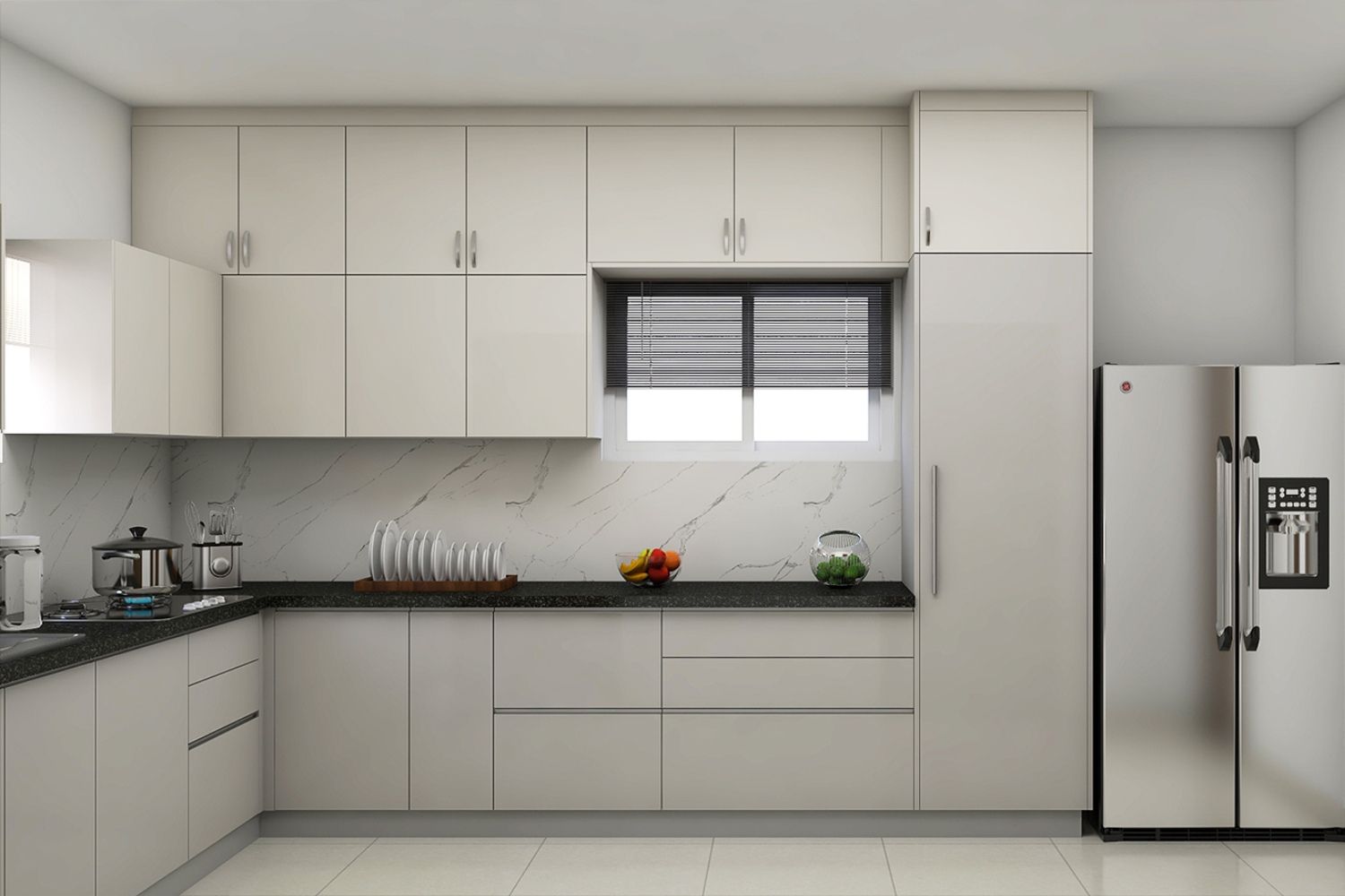 Spacious Kitchen Design With White Storage Units 12X7 Ft Livspace