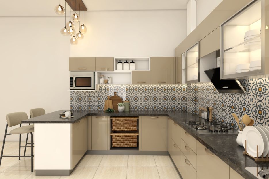 Modern U-Shaped Kitchen Design With Spacious Drawers And Wicker Baskets