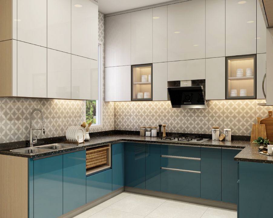 Modern U-Shaped Kitchen Design With Blue And White Cabinets