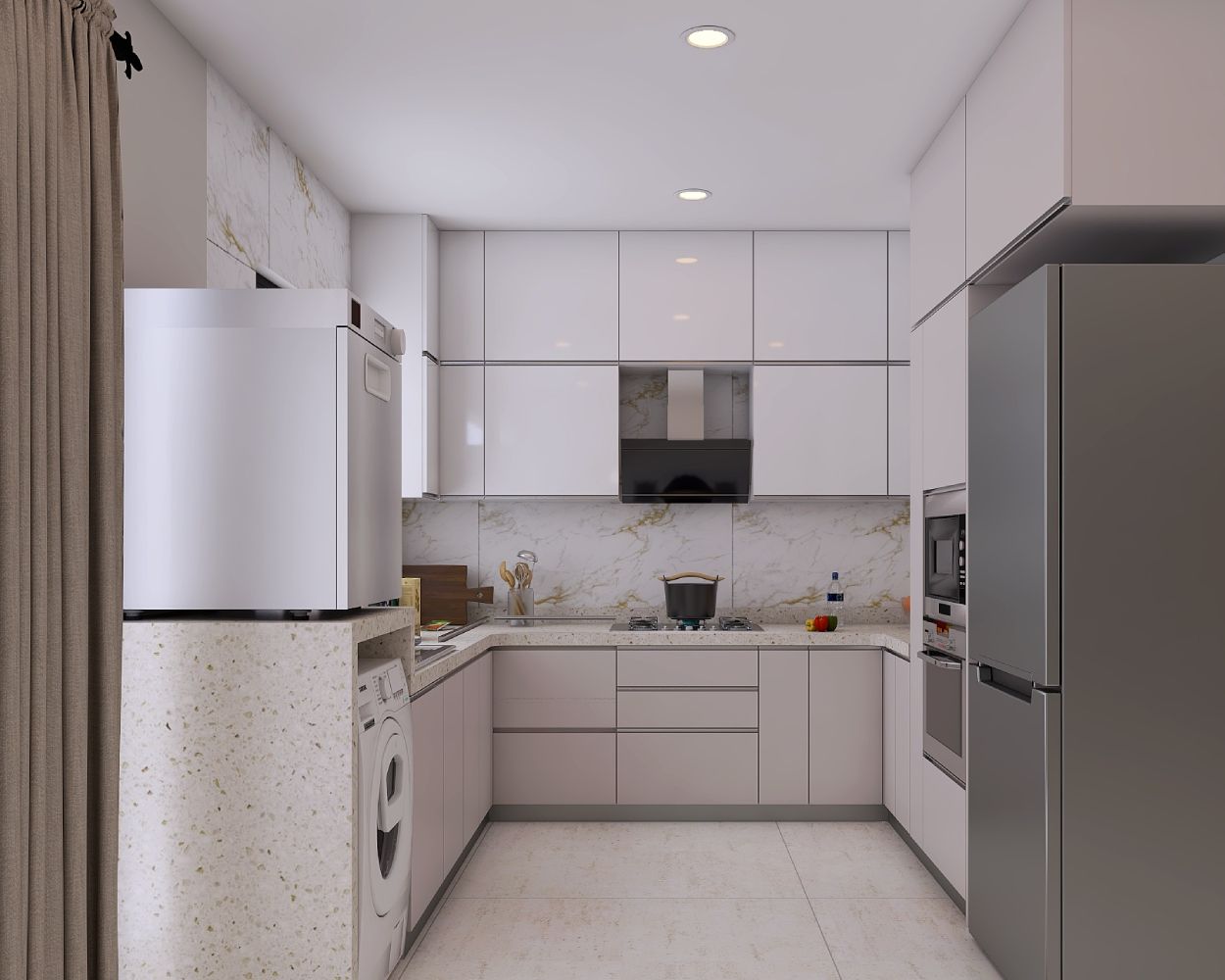 Modern U-Shaped Kitchen Design With Grey Storage Units