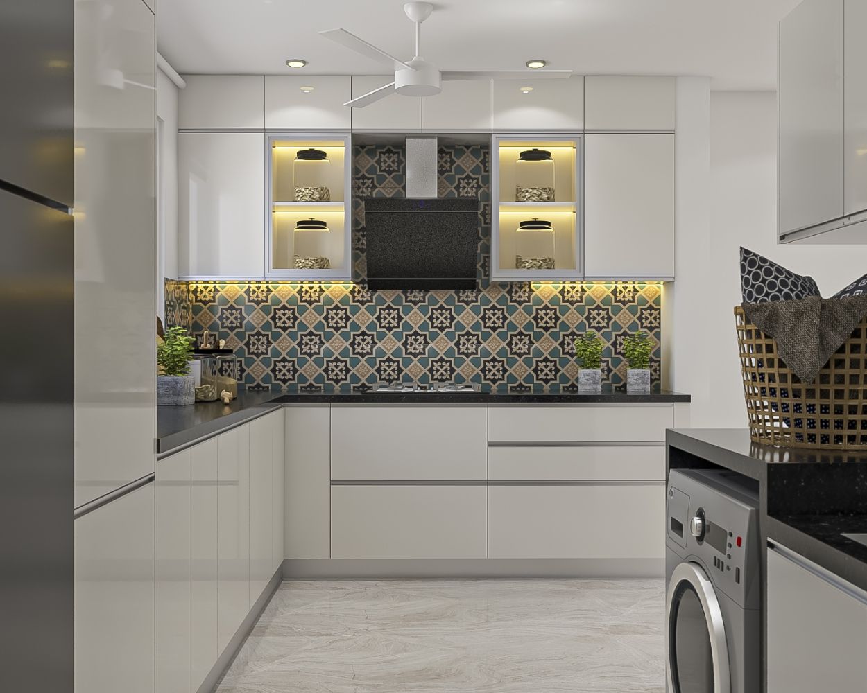 Contemporary L-Shaped Kitchen Design With A Granite Countertop