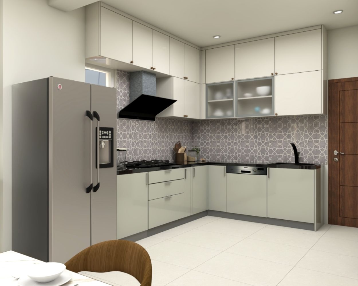 Contemporary Open Kitchen Design With Patterned Grey Dado Tiles