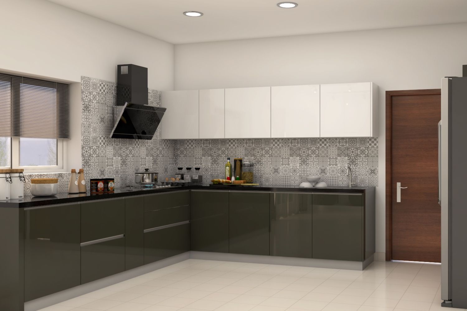 Modern L-Shaped Kitchen Design With Grey And White Cabinets
