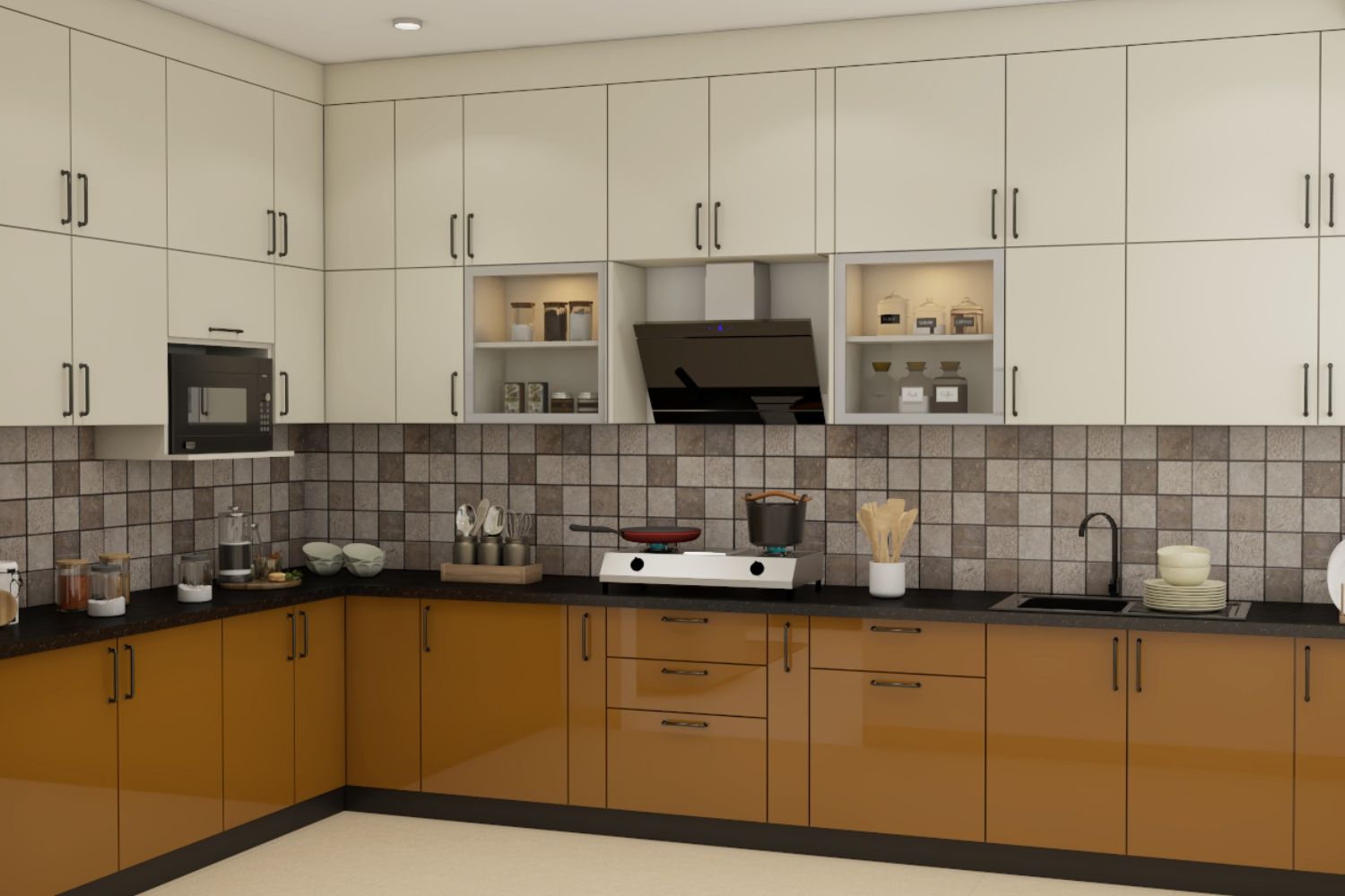 Modern L-Shaped Kitchen Design With Small Square-Shaped Dado Tiles