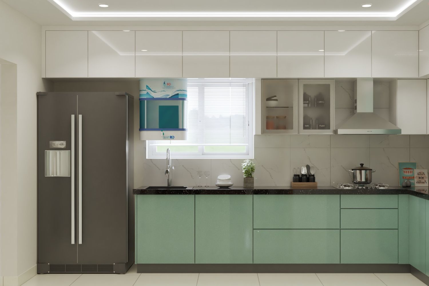 Modern L-Shaped Kitchen Design With Green And White Cabinets