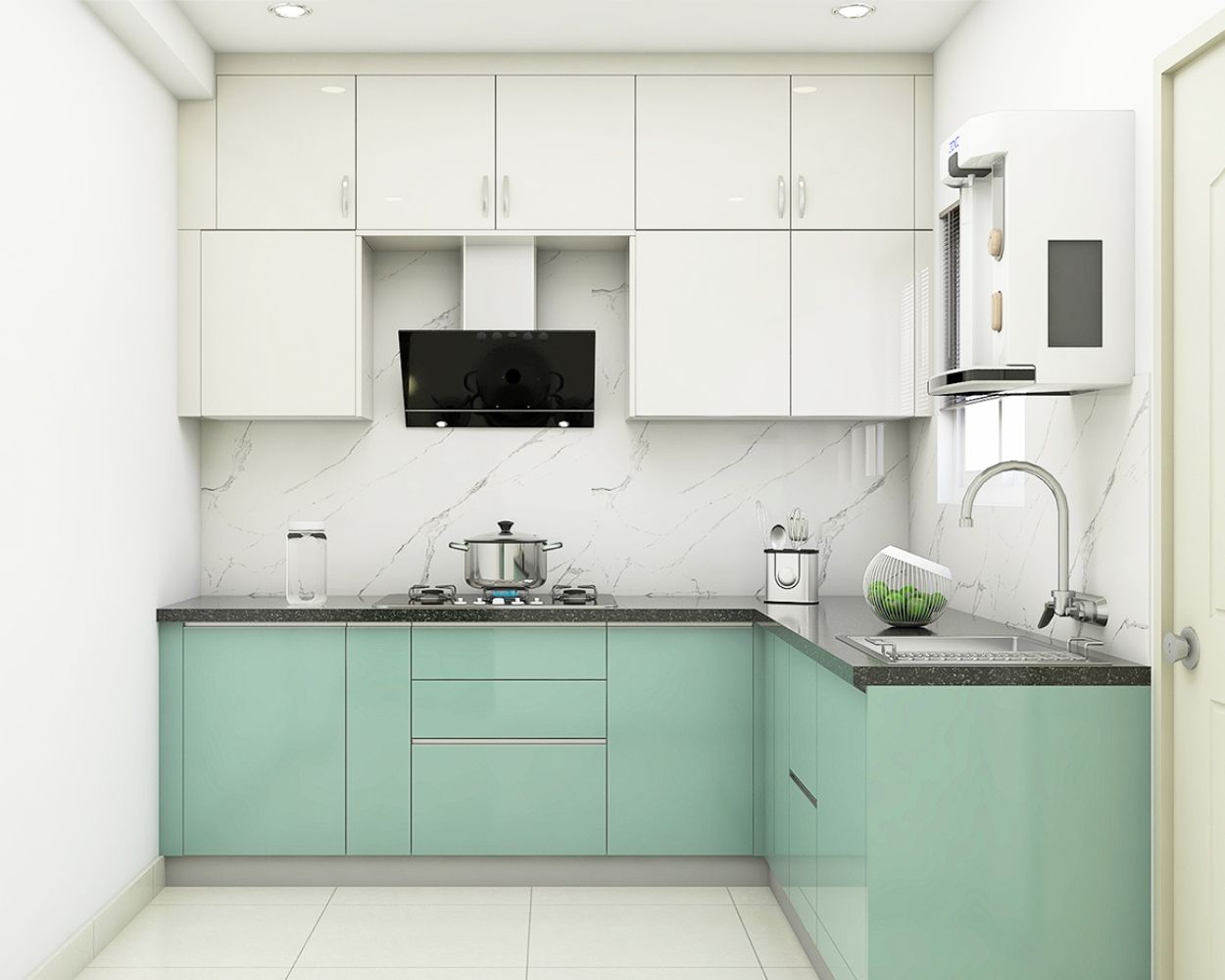 modular kitchen design with light green and white kitchen cabinet