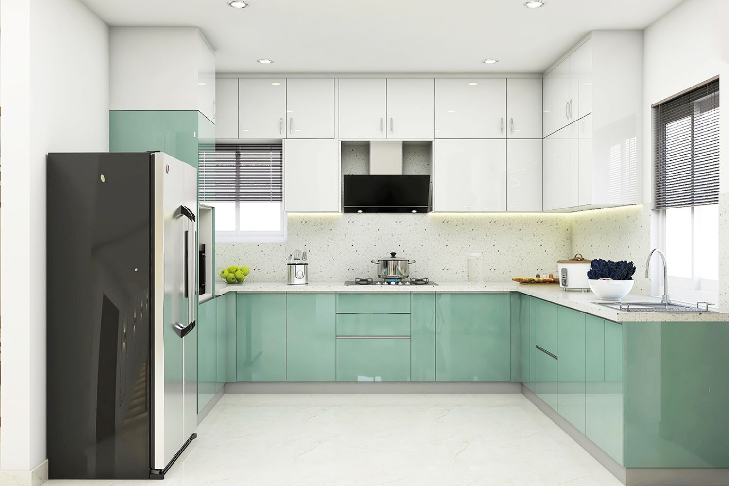 Modular Kitchen Design With Light Green And White Cabinets | Livspace