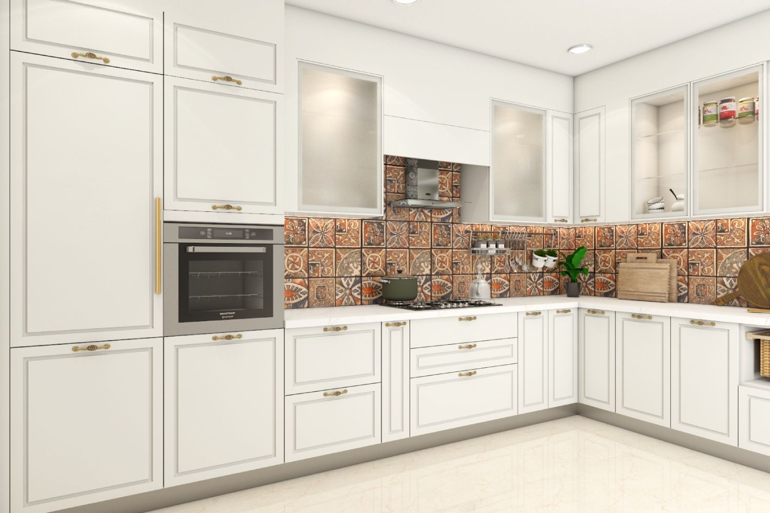 Classic L-Shaped Modular Kitchen Design With Patterned Moroccan Backsplash Tiles