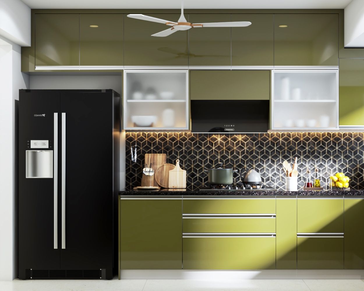 Contemporary U-Shaped Kitchen Cabinet Design With Green Base And Loft Units