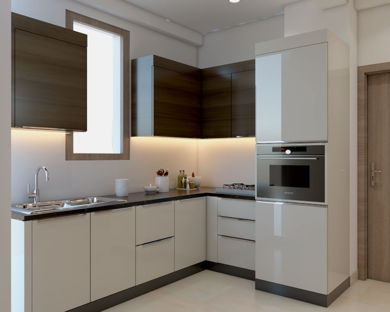 Modern L-Shaped Modular Kitchen Design With A Granite Countertop