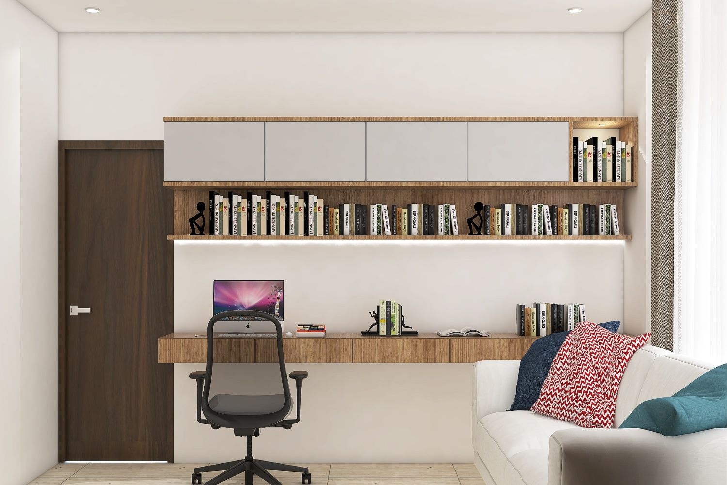 Spacious Grey And Teak Study Room Design With Open Bookshelf | Livspace