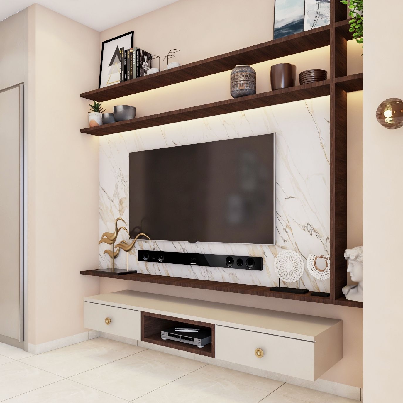 Modern TV Cabinet Design With A Marble Back Panel